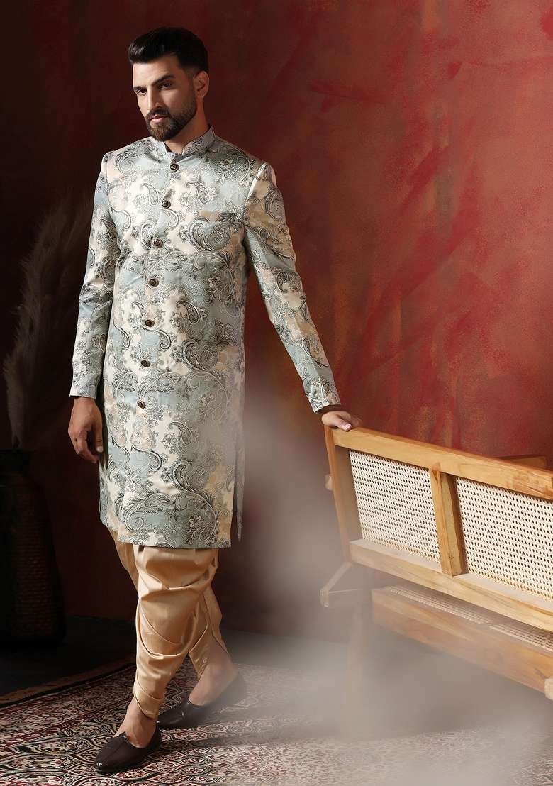 Grey Paisley Cotton Blend Sherwani Set For Men - Indya