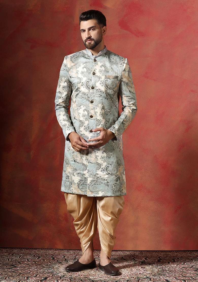 Grey Paisley Cotton Blend Sherwani Set For Men - Indya