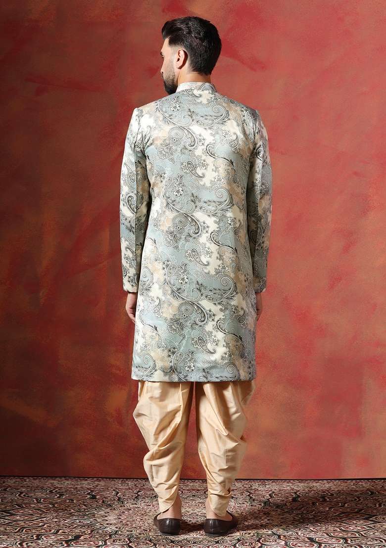 Grey Paisley Cotton Blend Sherwani Set For Men - Indya