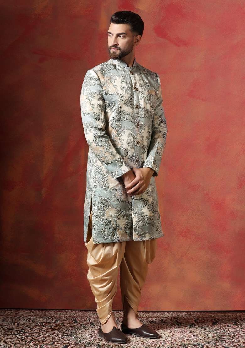 Grey Paisley Cotton Blend Sherwani Set For Men - Indya
