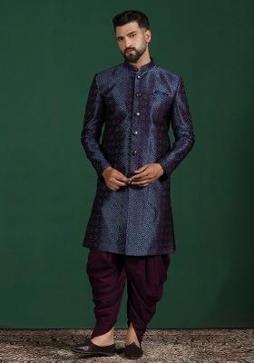 Navy Blue Embroidered Jacquard Sherwani Set For Men