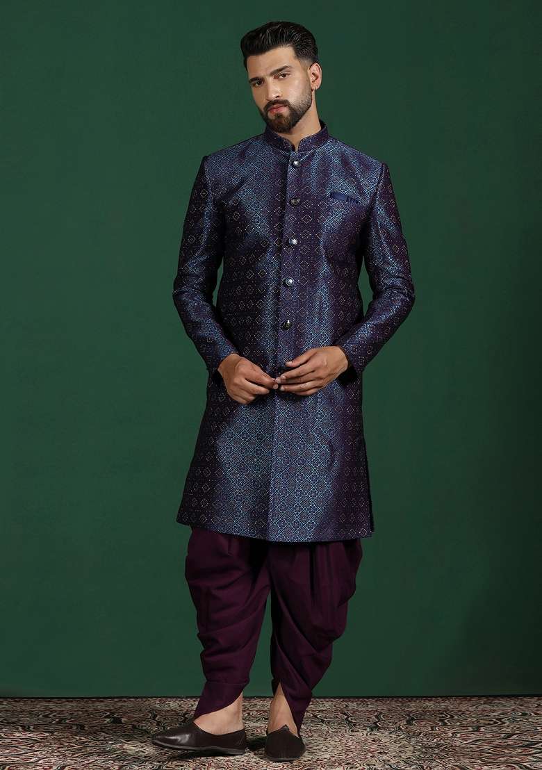 Navy Blue Embroidered Jacquard Sherwani Set For Men - Indya