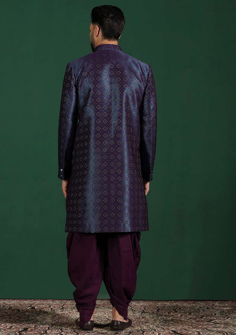 Navy Blue Embroidered Jacquard Sherwani Set For Men - Indya