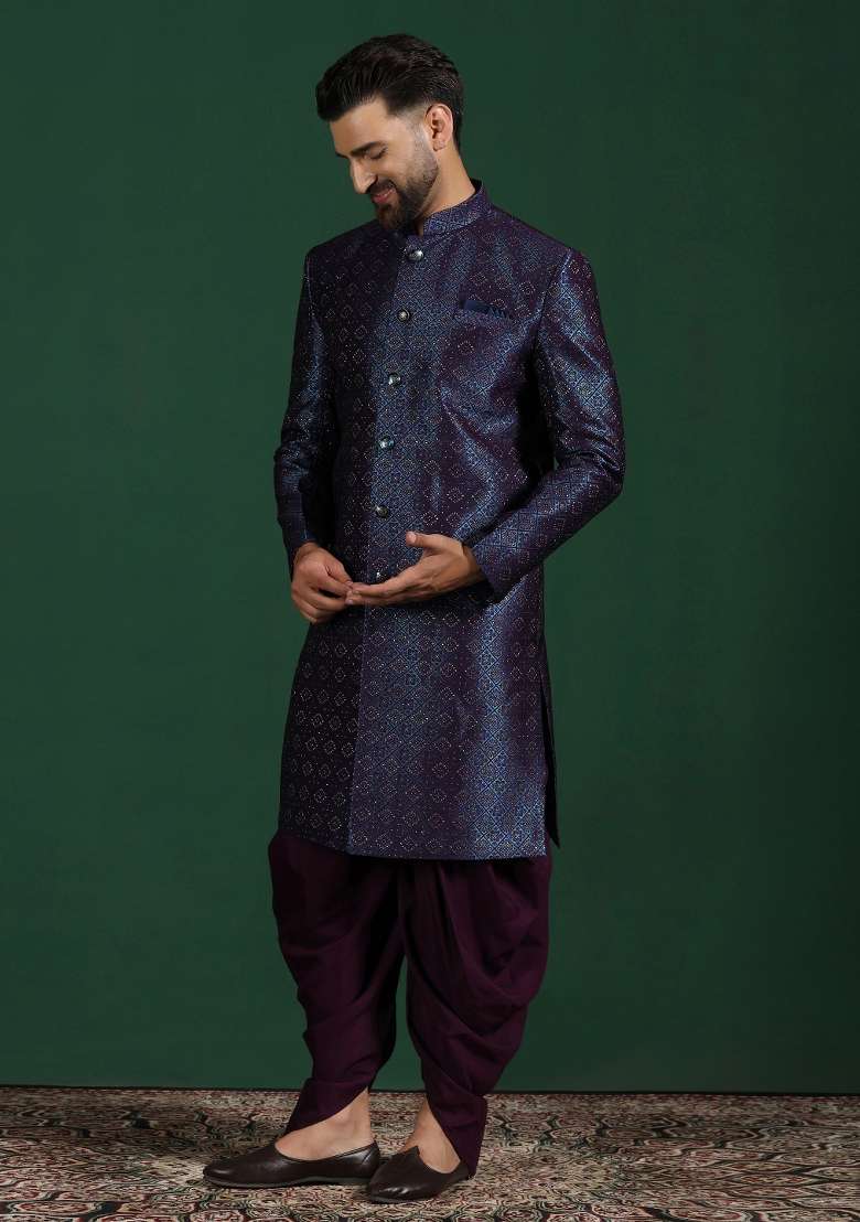 Navy Blue Embroidered Jacquard Sherwani Set For Men - Indya