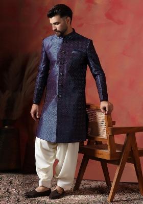 Navy Blue Embroidered Jacquard Sherwani Set For Men