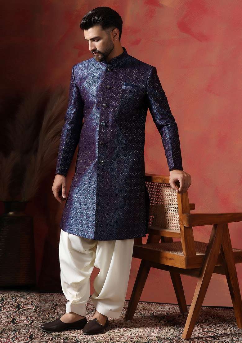 Navy Blue Embroidered Jacquard Sherwani Set For Men - Indya