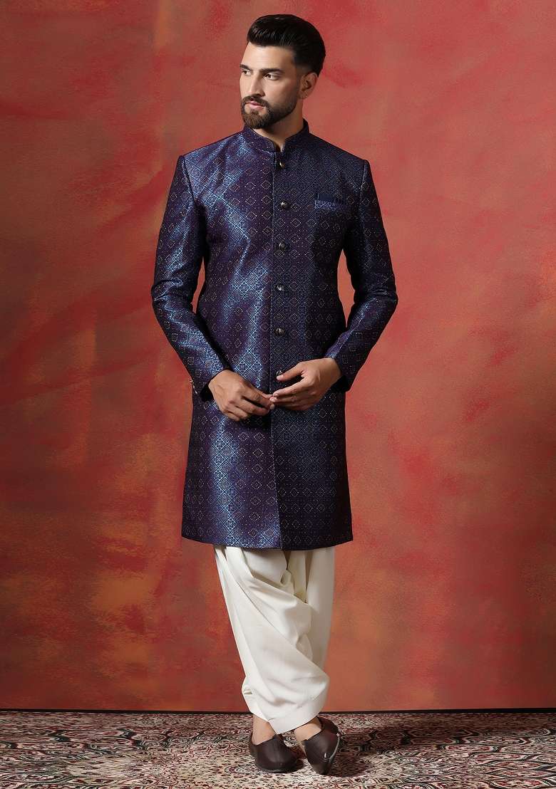Navy Blue Embroidered Jacquard Sherwani Set For Men - Indya