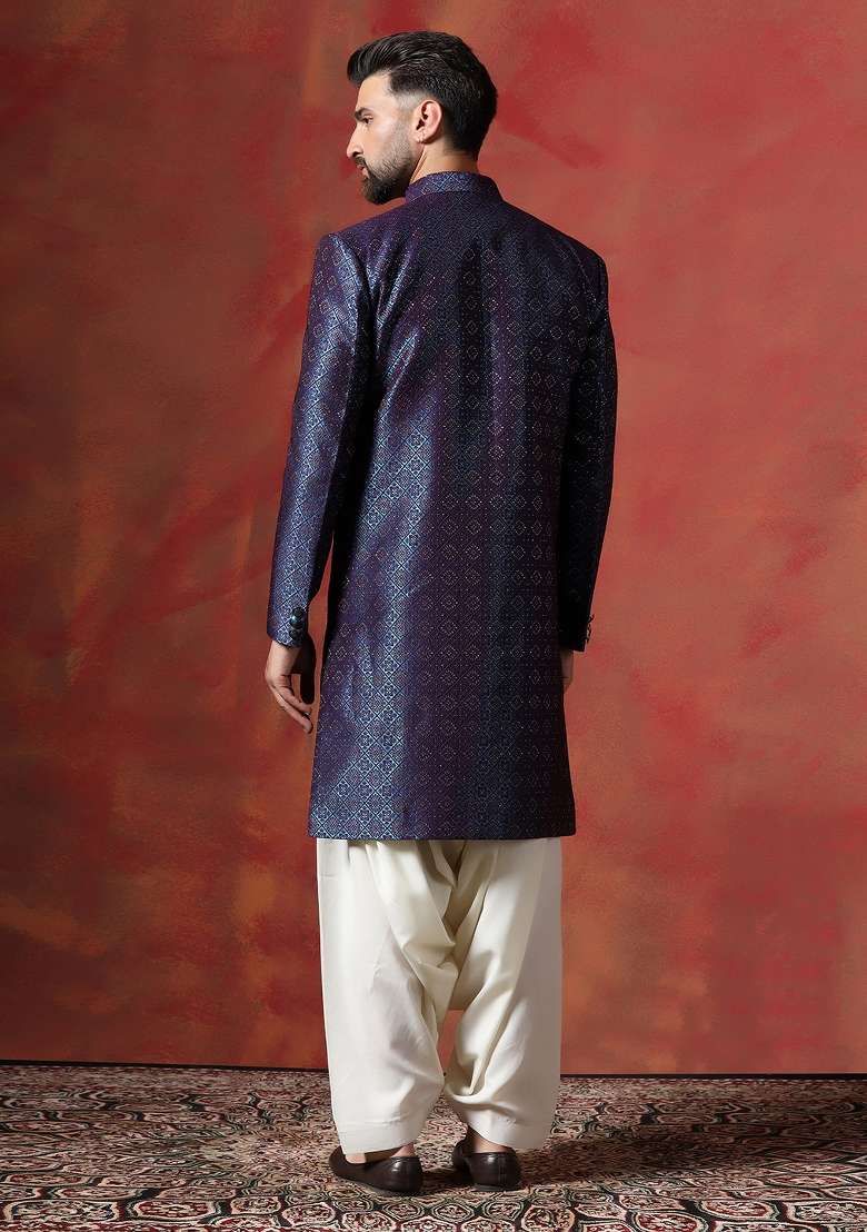 Navy Blue Embroidered Jacquard Sherwani Set For Men - Indya