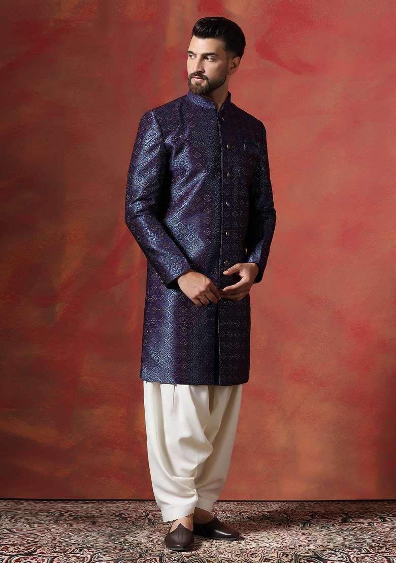 Navy Blue Embroidered Jacquard Sherwani Set For Men - Indya