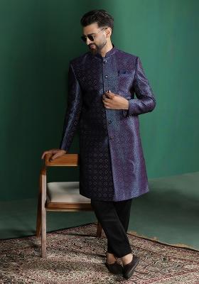 Navy Blue Embroidered Jacquard Sherwani Set For Men