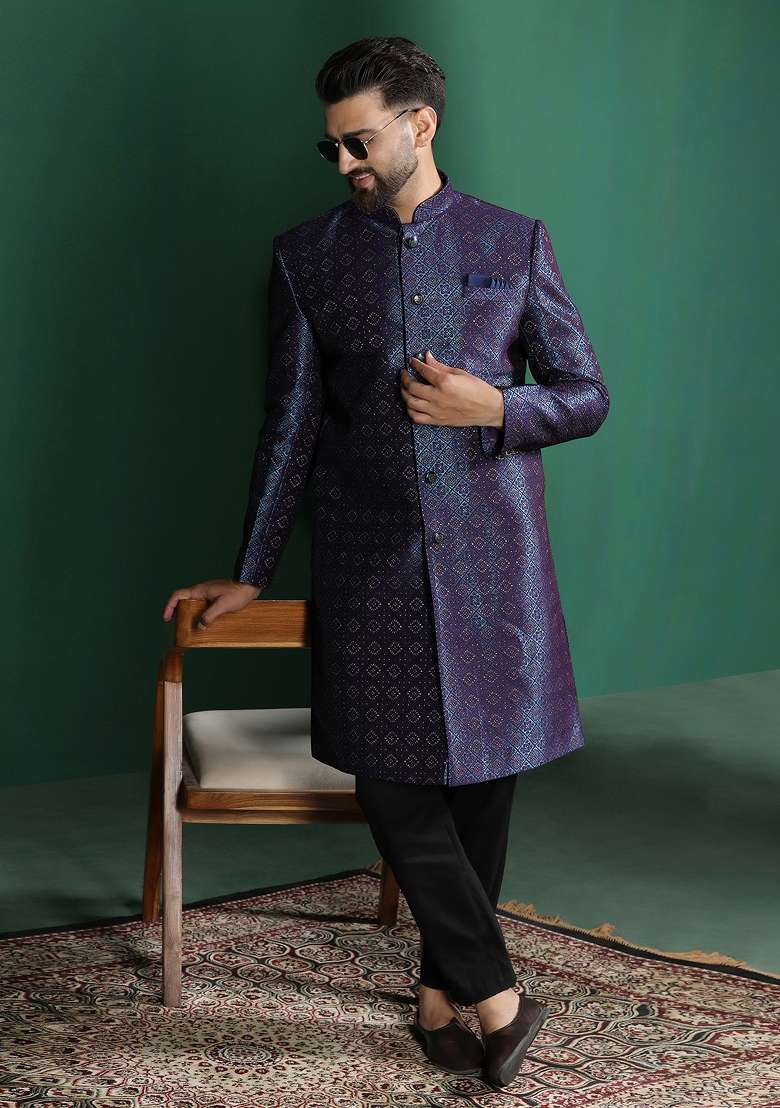 Navy Blue Embroidered Jacquard Sherwani Set For Men - Indya