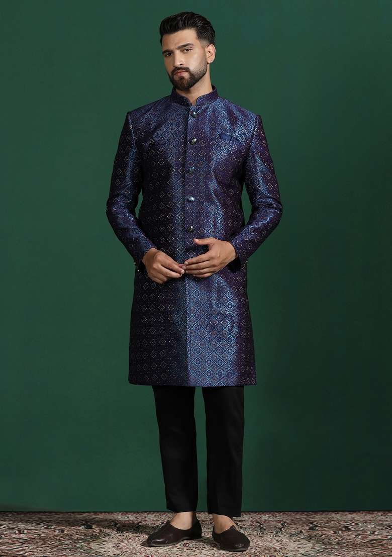 Navy Blue Embroidered Jacquard Sherwani Set For Men - Indya