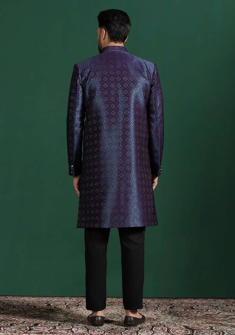 Navy Blue Embroidered Jacquard Sherwani Set For Men - Indya