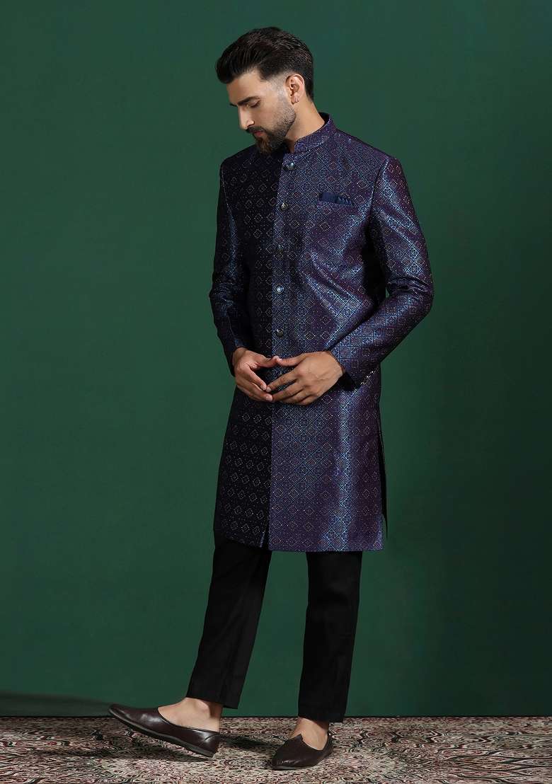 Navy Blue Embroidered Jacquard Sherwani Set For Men - Indya
