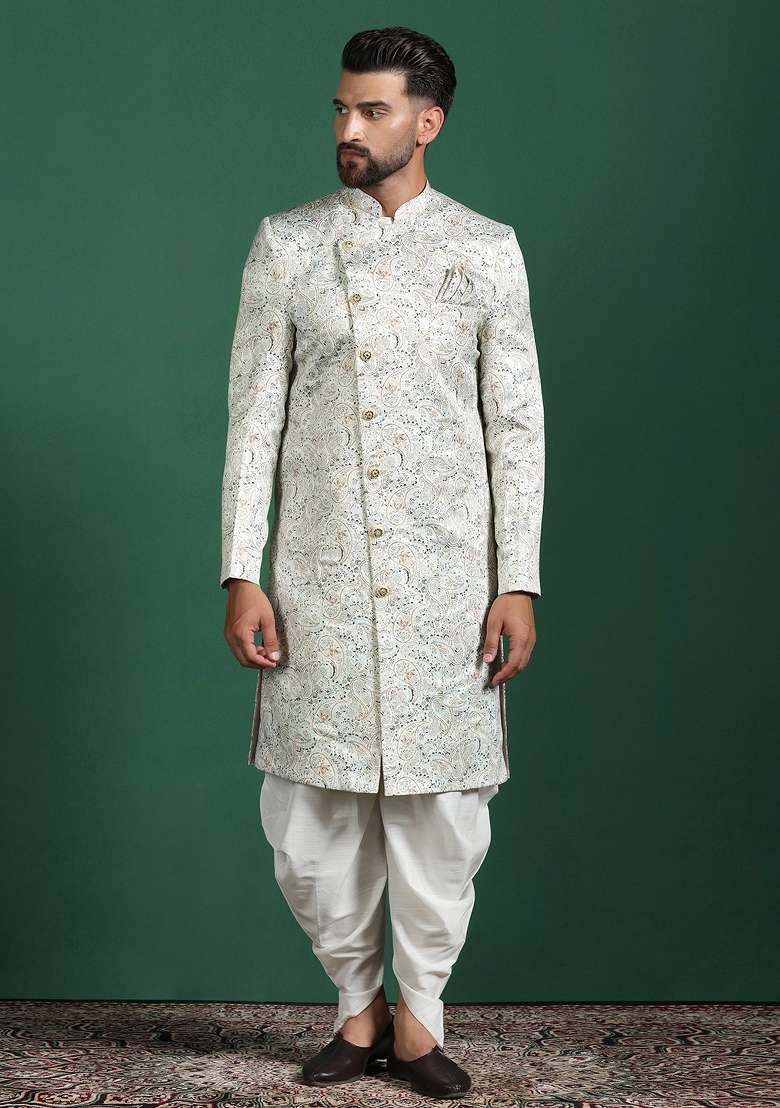 Cream Paisley Cotton Blend Sherwani Set For Men - Indya