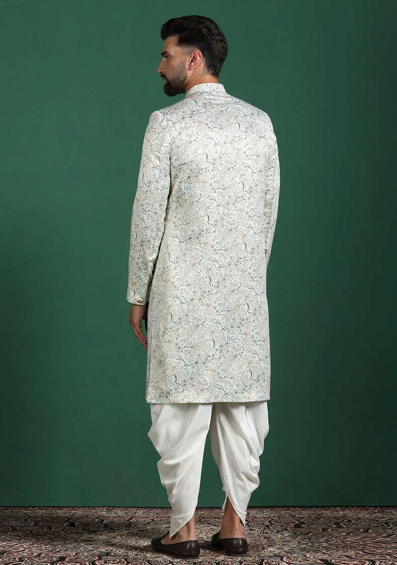 Cream Paisley Cotton Blend Sherwani Set For Men - Indya