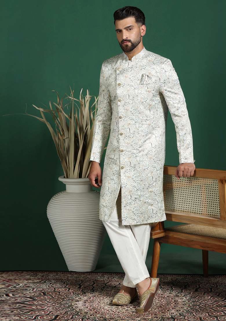 Cream Paisley Cotton Blend Sherwani Set For Men - Indya