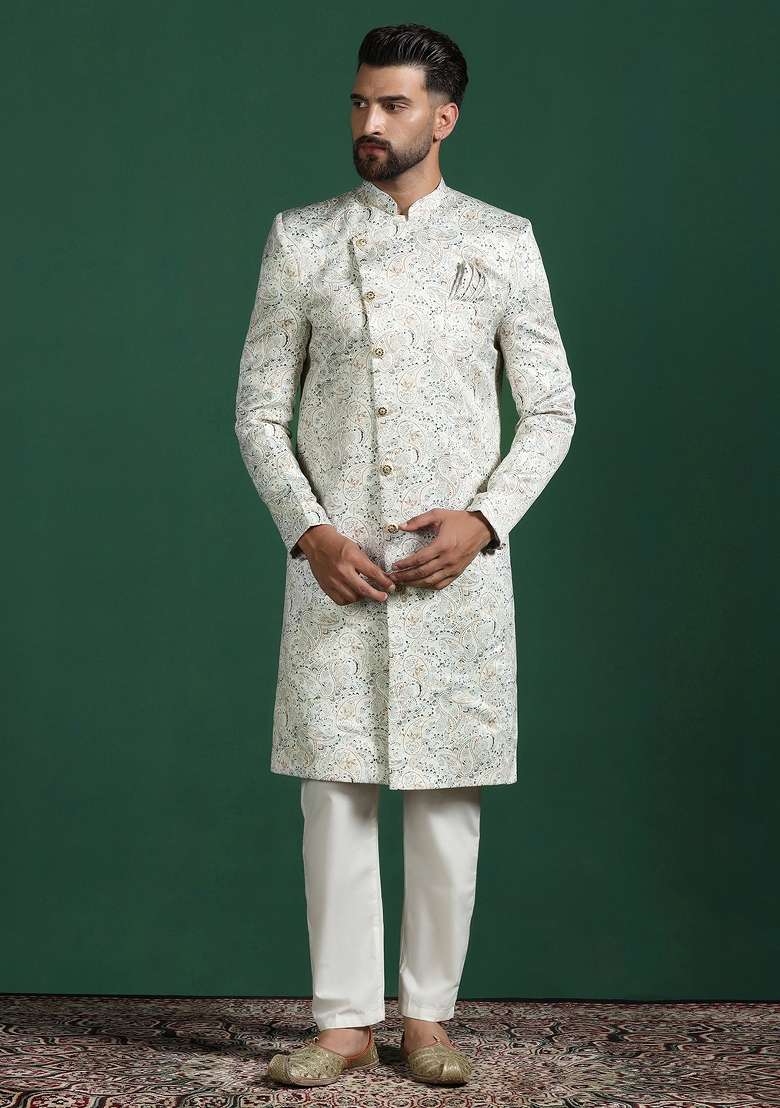 Cream Paisley Cotton Blend Sherwani Set For Men - Indya
