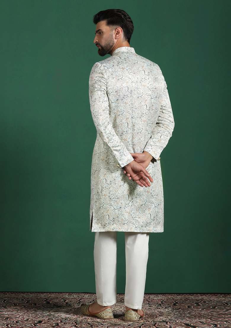 Cream Paisley Cotton Blend Sherwani Set For Men - Indya