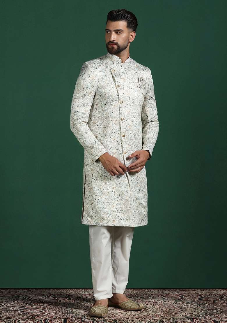 Cream Paisley Cotton Blend Sherwani Set For Men - Indya