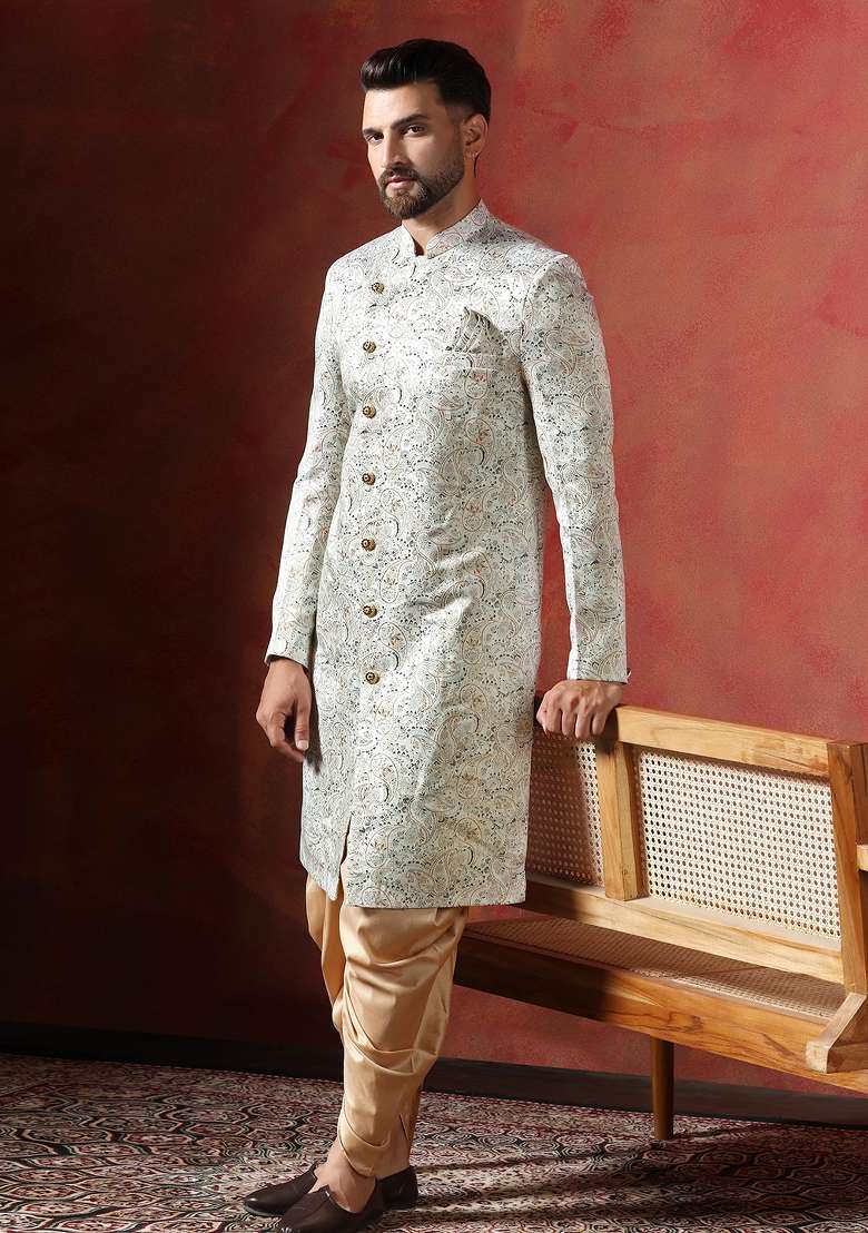 Cream Paisley Cotton Blend Sherwani Set For Men - Indya