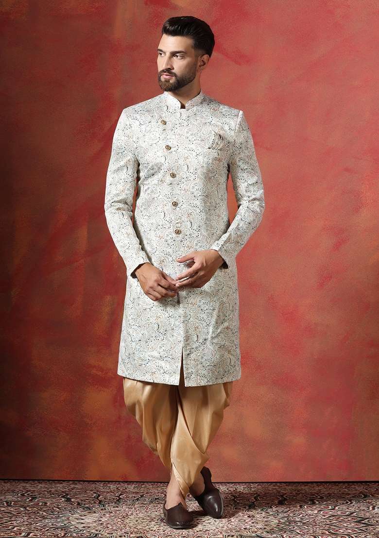 Cream Paisley Cotton Blend Sherwani Set For Men - Indya