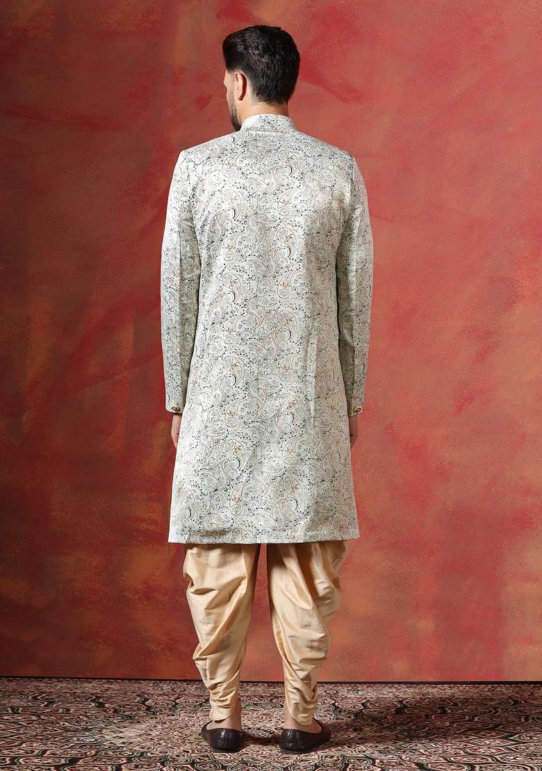 Cream Paisley Cotton Blend Sherwani Set For Men - Indya