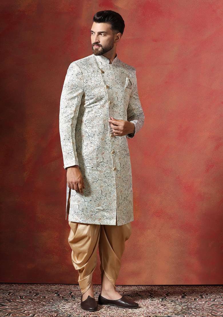 Cream Paisley Cotton Blend Sherwani Set For Men - Indya
