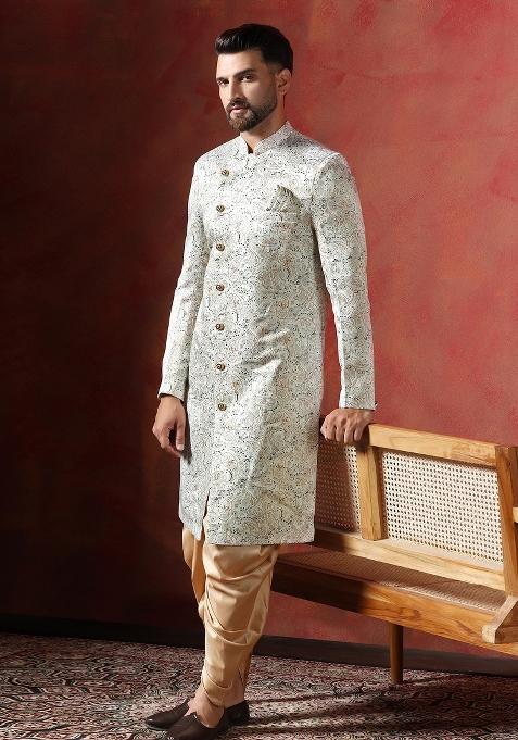 Cream Paisley Cotton Blend Sherwani Set For Men