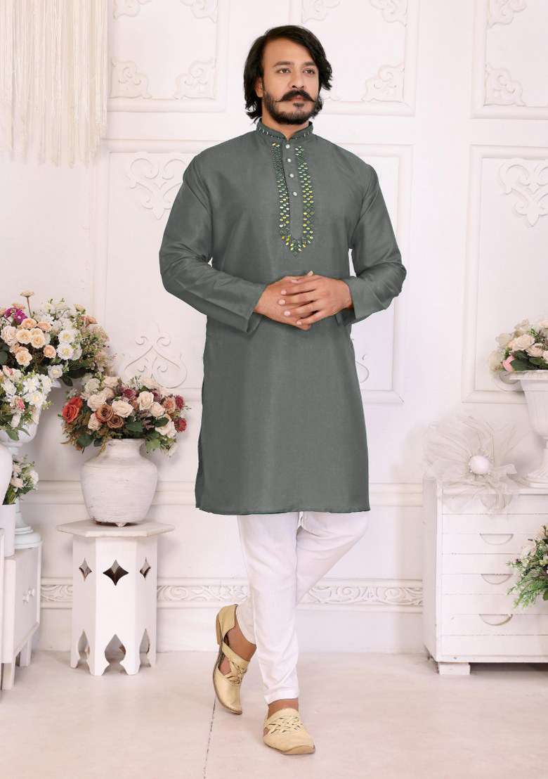 Green Printed Silk Blend Kurta For Men - Indya