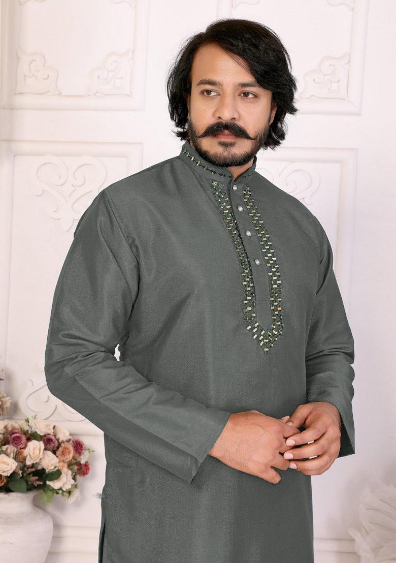 Green Printed Silk Kurta For Men - Indya