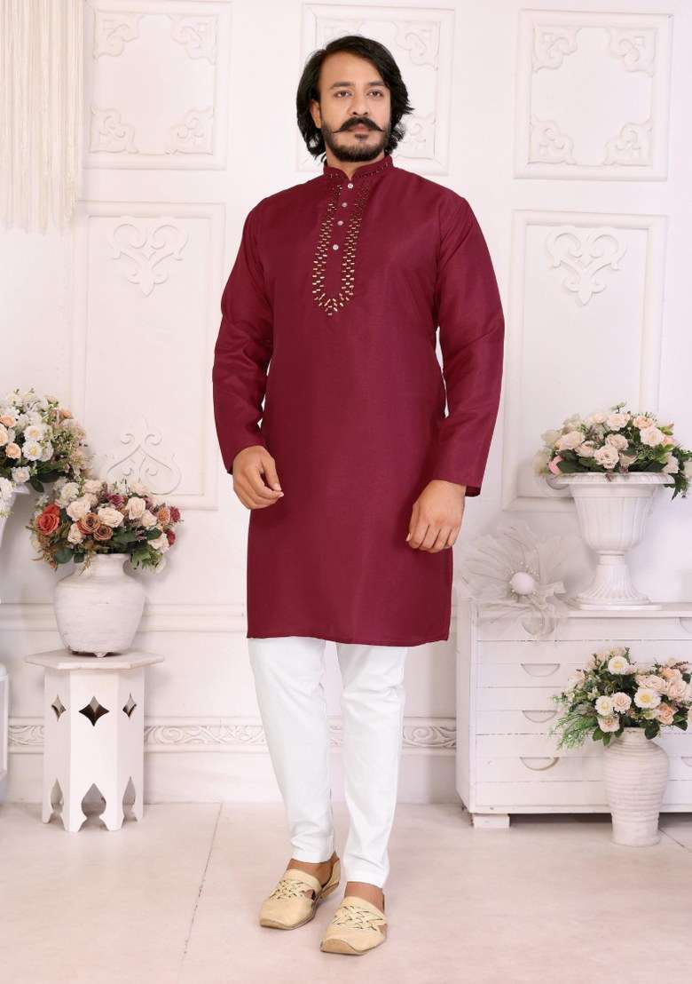 Maroon Printed Silk Blend Kurta For Men - Indya
