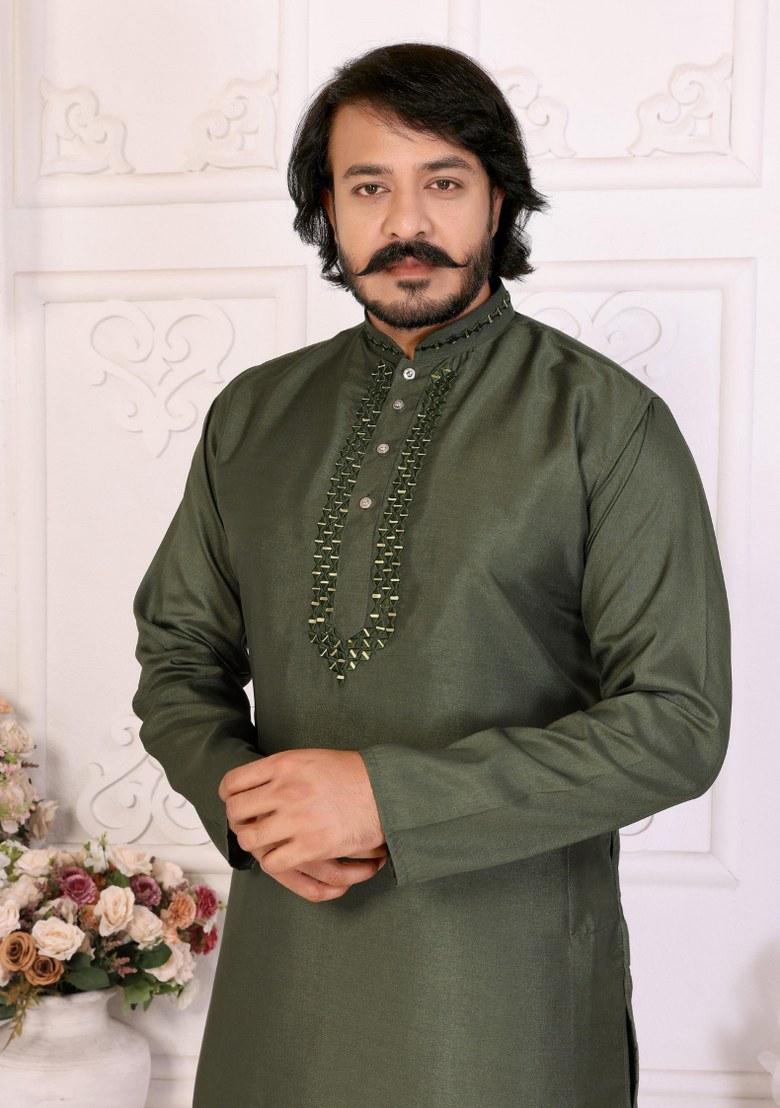 Mehendi Printed Silk Kurta For Men - Indya