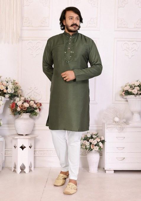 Mehendi Printed Silk Kurta For Men