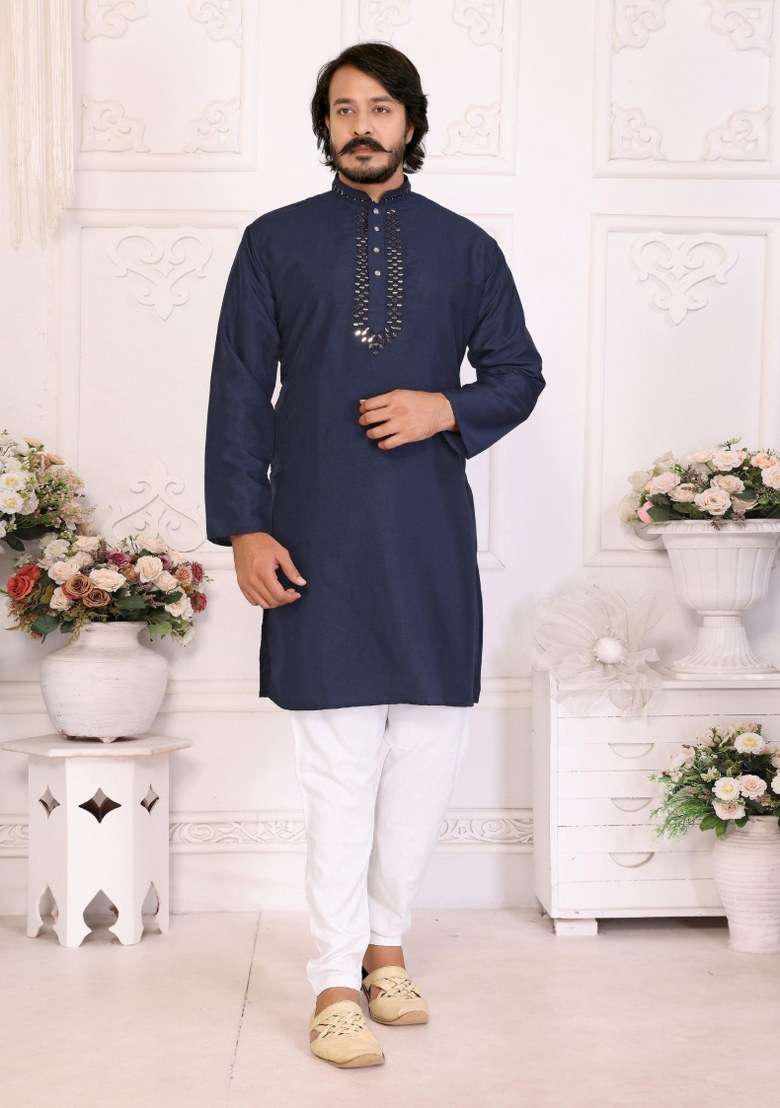 Navy Blue Printed Silk Blend Kurta For Men - Indya