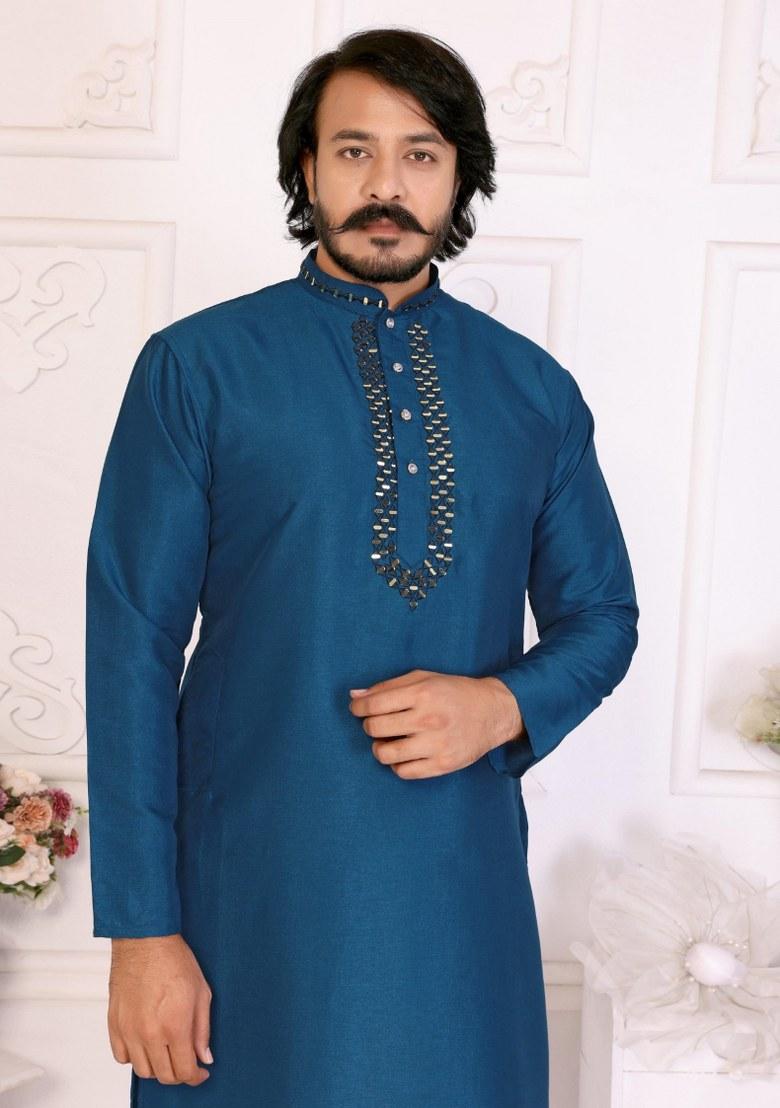 Teal Printed Silk Kurta For Men - Indya