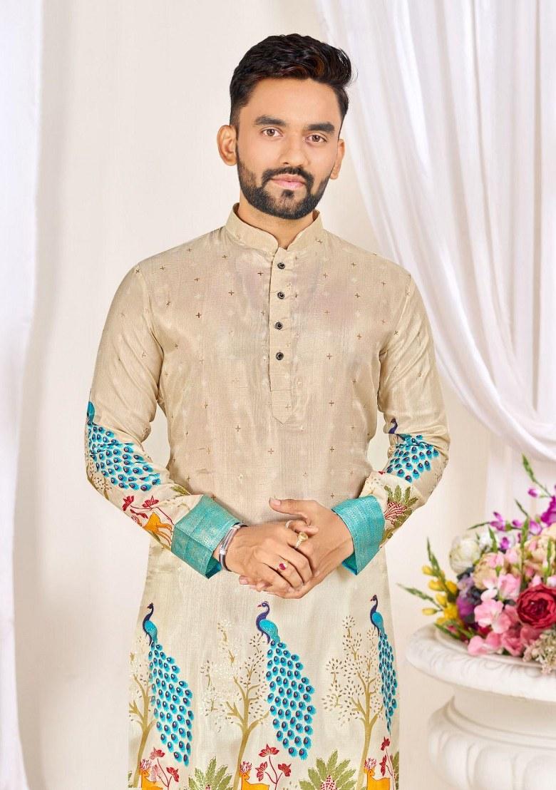 Beige Printed Silk Kurta For Men - Indya