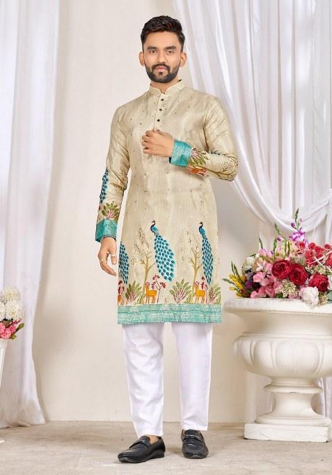 Beige Printed Silk Kurta For Men