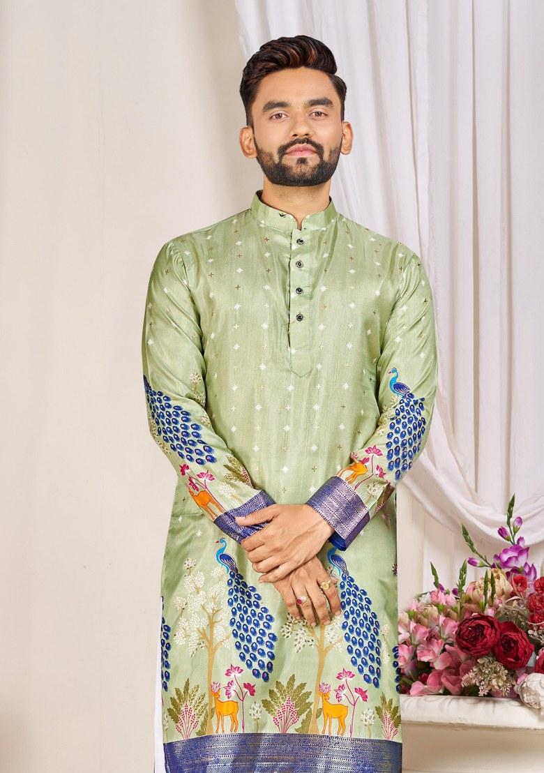 Green Printed Silk Kurta For Men - Indya