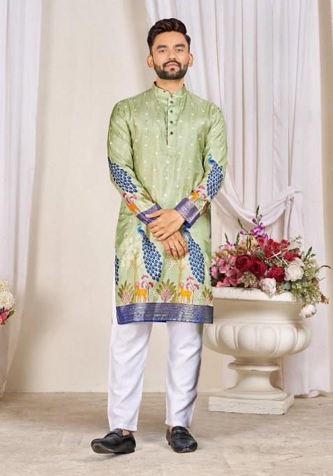 Green Printed Silk Kurta For Men