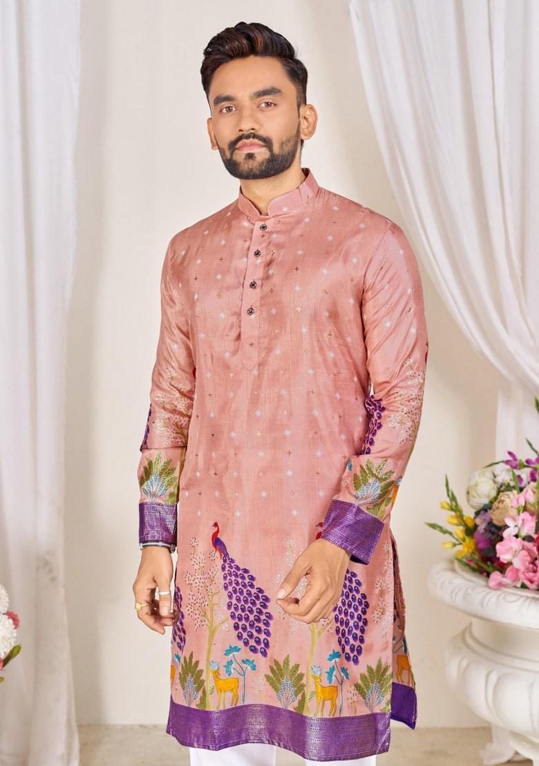 Pink Printed Silk Kurta For Men - Indya