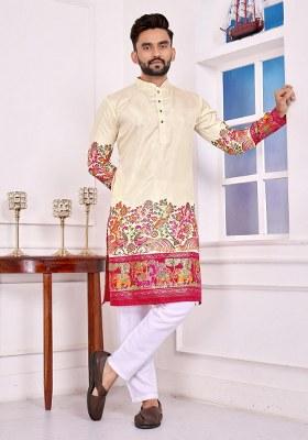 Beige Printed Silk Kurta For Men