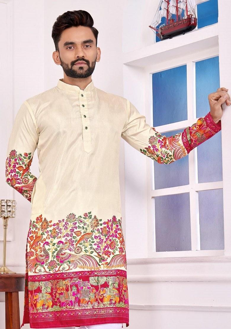 Beige Printed Silk Kurta For Men - Indya
