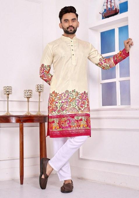 Beige Printed Silk Kurta For Men