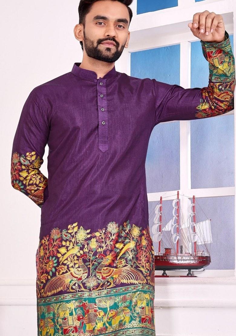 Purple Printed Silk Kurta For Men - Indya
