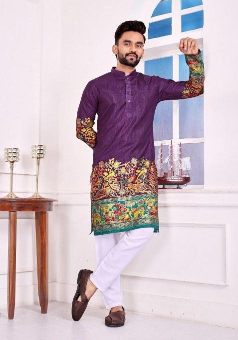 Purple Printed Silk Kurta For Men
