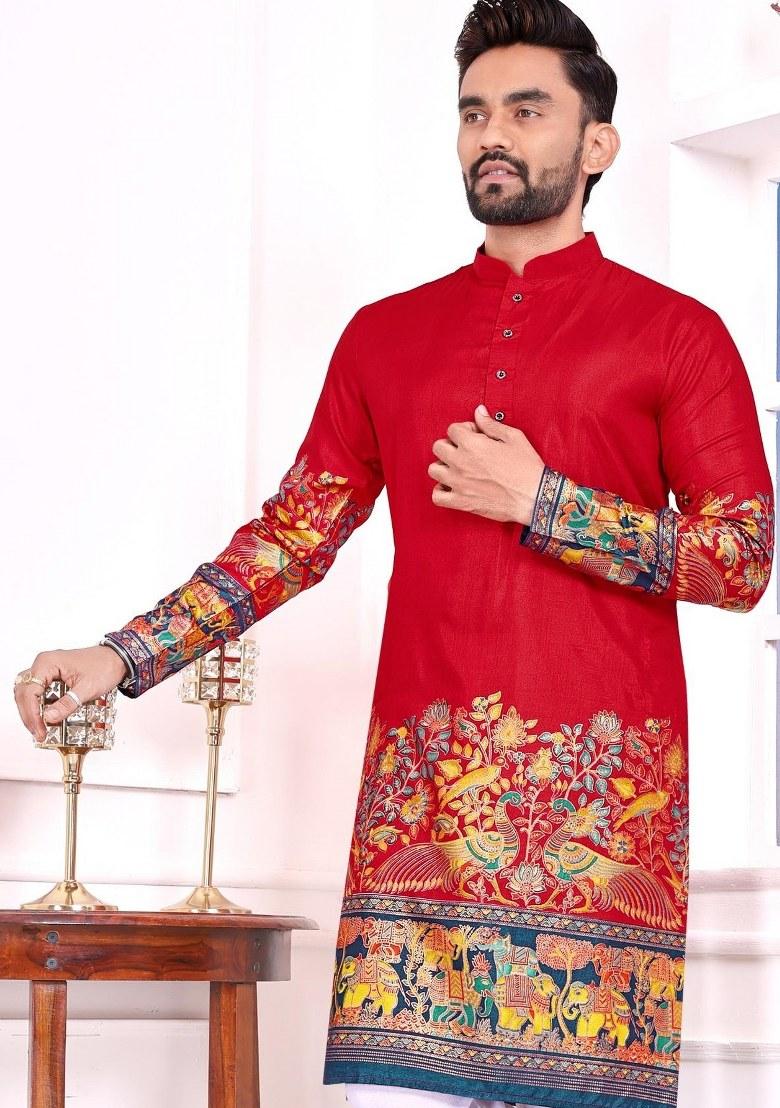 Red Printed Silk Kurta For Men - Indya