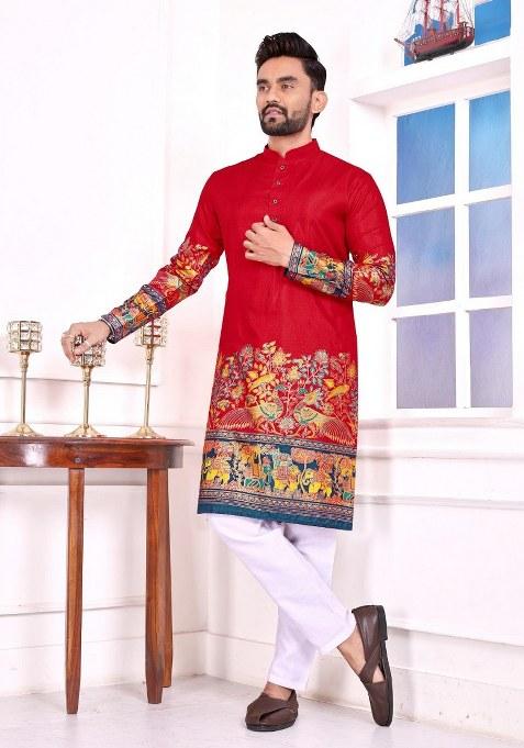 Red Printed Silk Kurta For Men