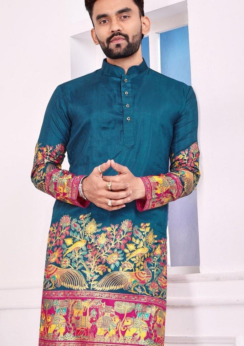 Teal Printed Silk Kurta For Men - Indya