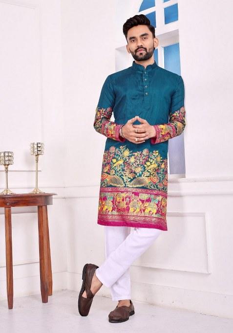 Teal Printed Silk Kurta For Men